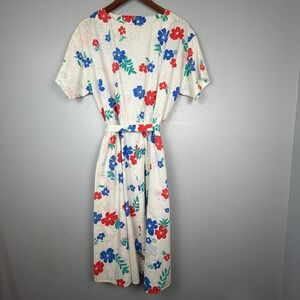 Vintage Floral Midi Dress Red Blue White Short Sleeve Belted Keyhole Back
